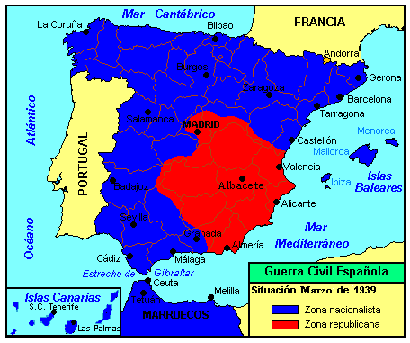 Mapa de las dos España en marzo de 1939, tras la conquista de Cataluña por el bando franquista